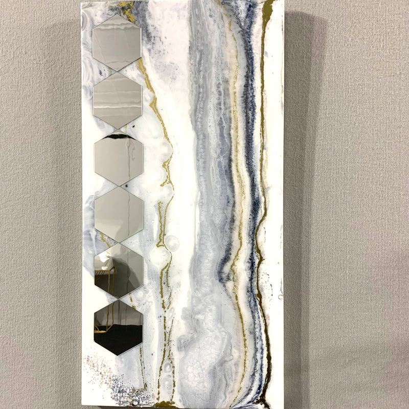 Specchio di Lusso 90x45 con marmorizzazione lucida oceano, oro, pietre e iridescenti (Made in Italy)